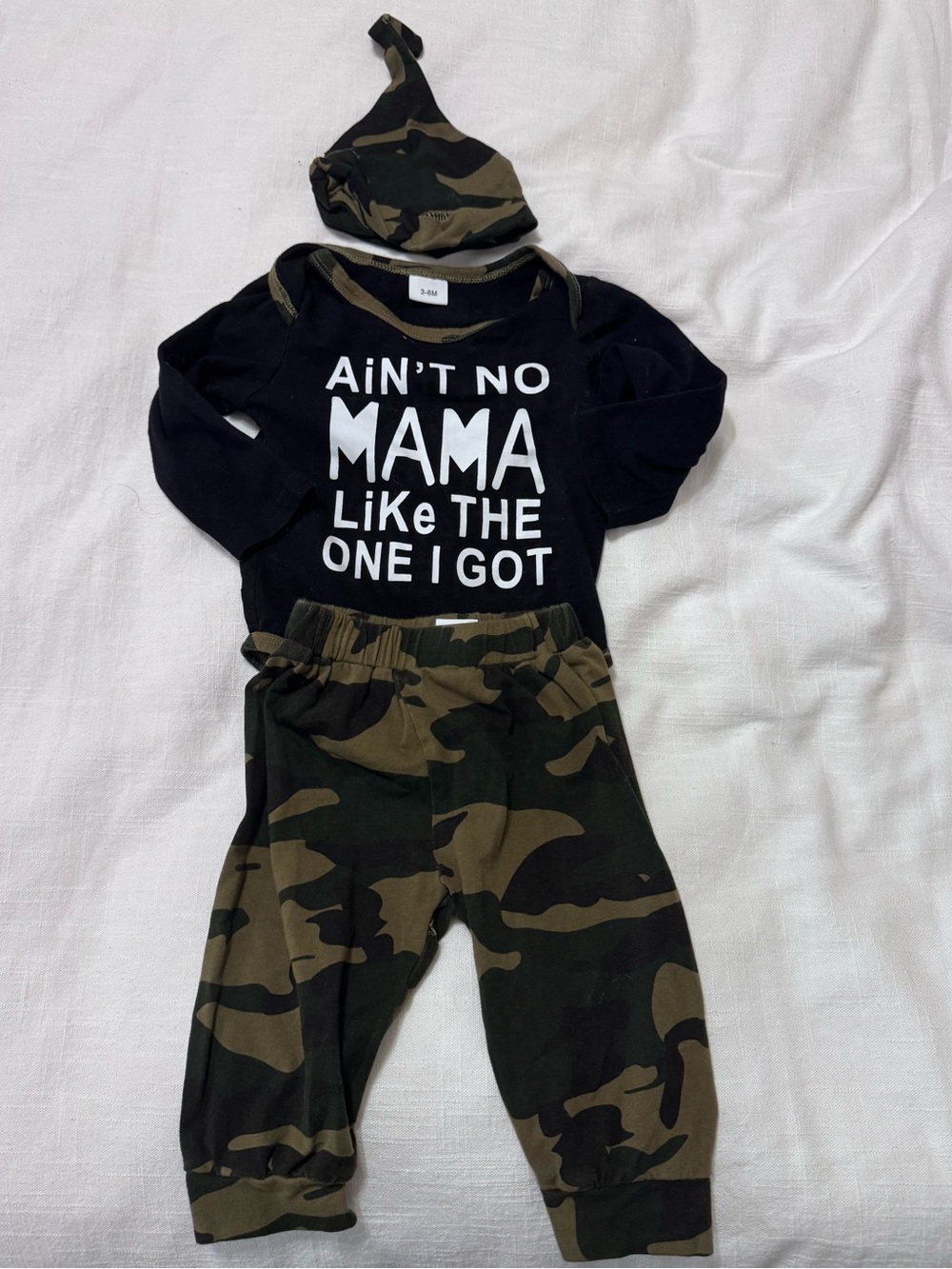Black Baby Bodysuit with Camo Trim and White Slogan & Camo Pants/Hat